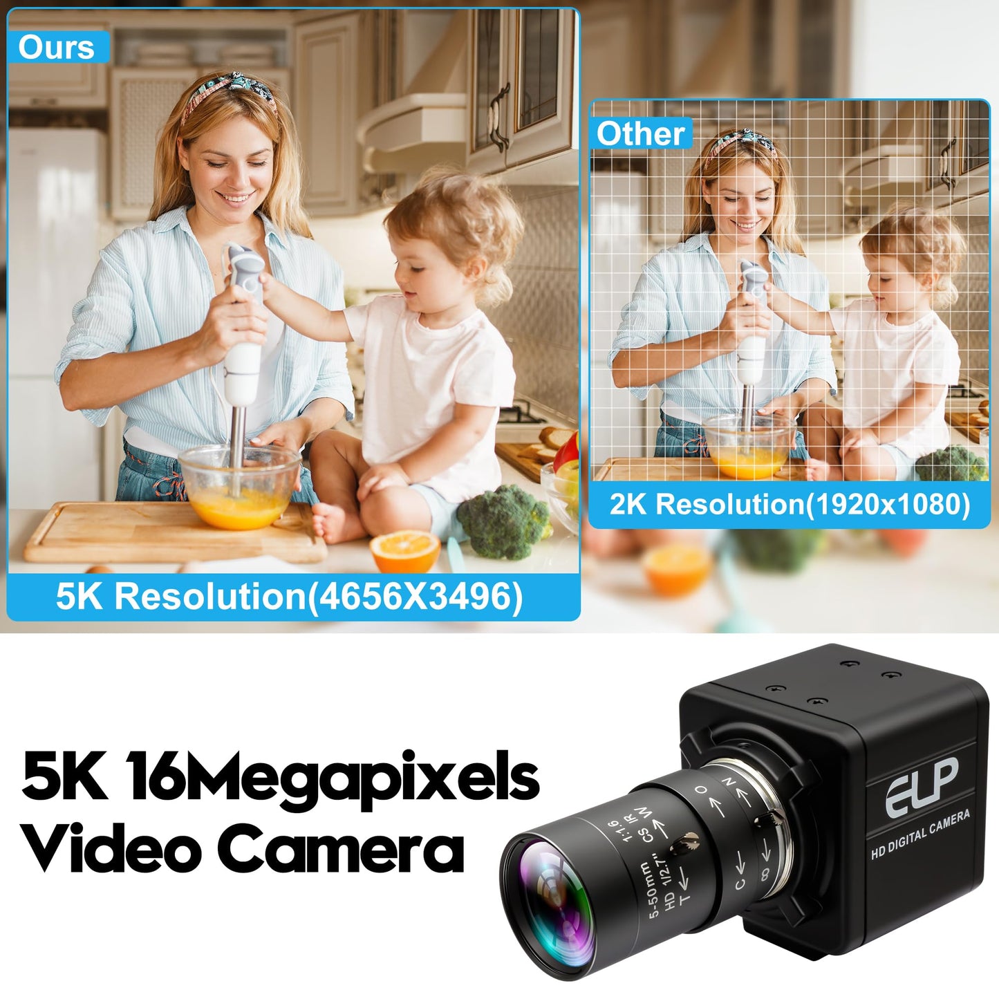 IFWATER USB Camera 16 Megapixes High Resolution 5K USB Webcam with CS Mount 5-50mm Manual Varifocus Lens Close UP OpenCV Camera Free Driver Plug and Play for Windows Linux Laptop Jetson Nano