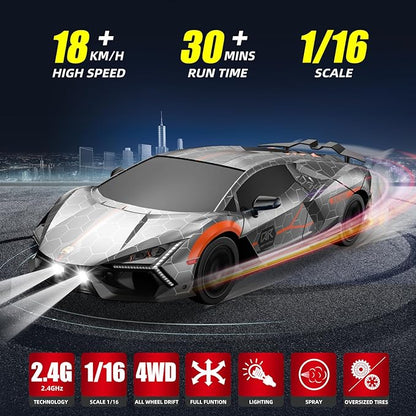 RC Drift Car Drifting RC Car 2.4GHz 1:16 4WD High Speed Remote Control Cars Vehicle with LED Lights Two Batteries and Drifting Tires Racing Sport Toy Cars for Adults Boys Girls Kids Sliver
