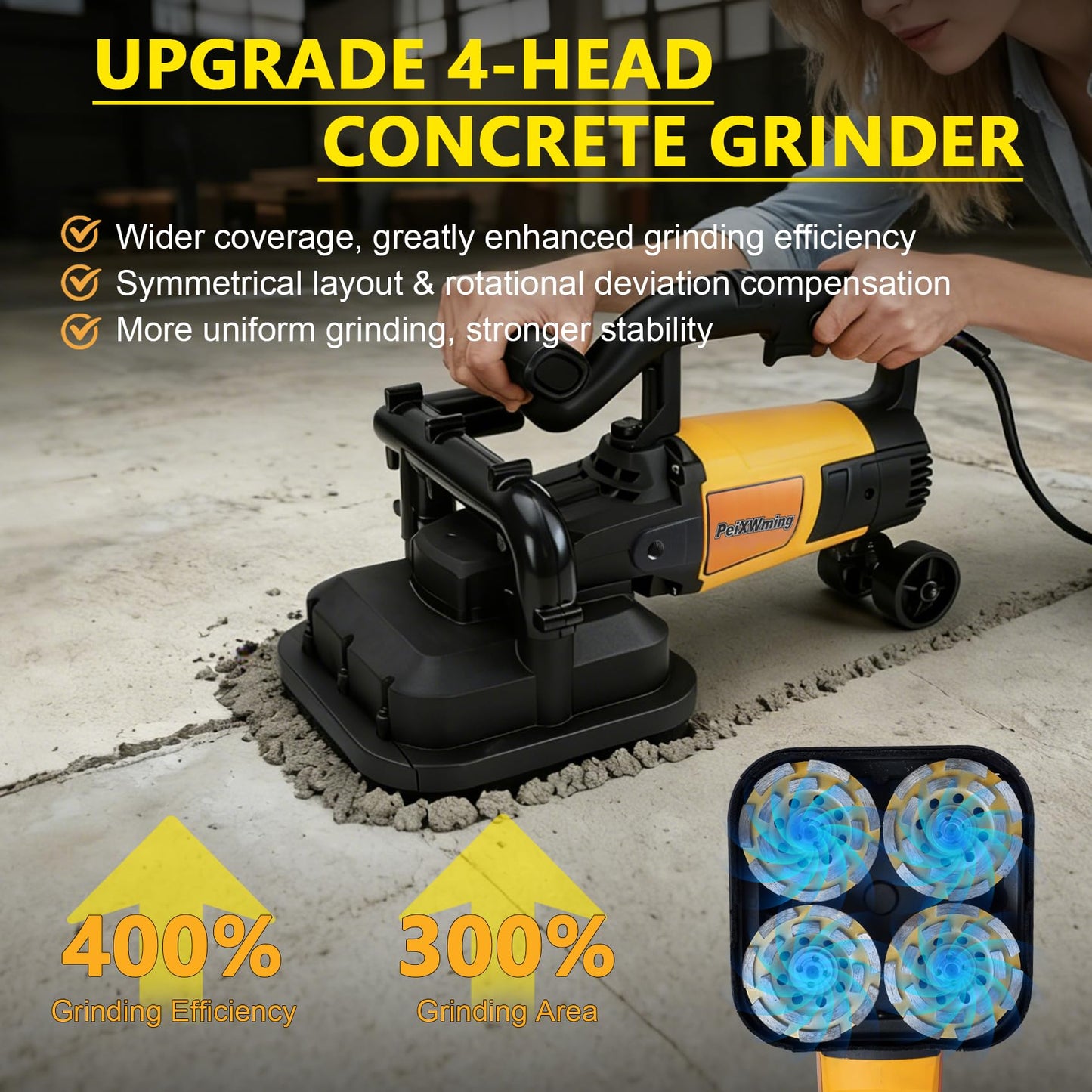 PeiXWming 4-Head Concrete Grinder Set with Long Handle, 4" Concrete Floor Grinder 3800W 0-6000RPM Concrete Surface Planer Dust Extraction Shroud Auxiliary Wheels for Grinding Concrete Cement Marble