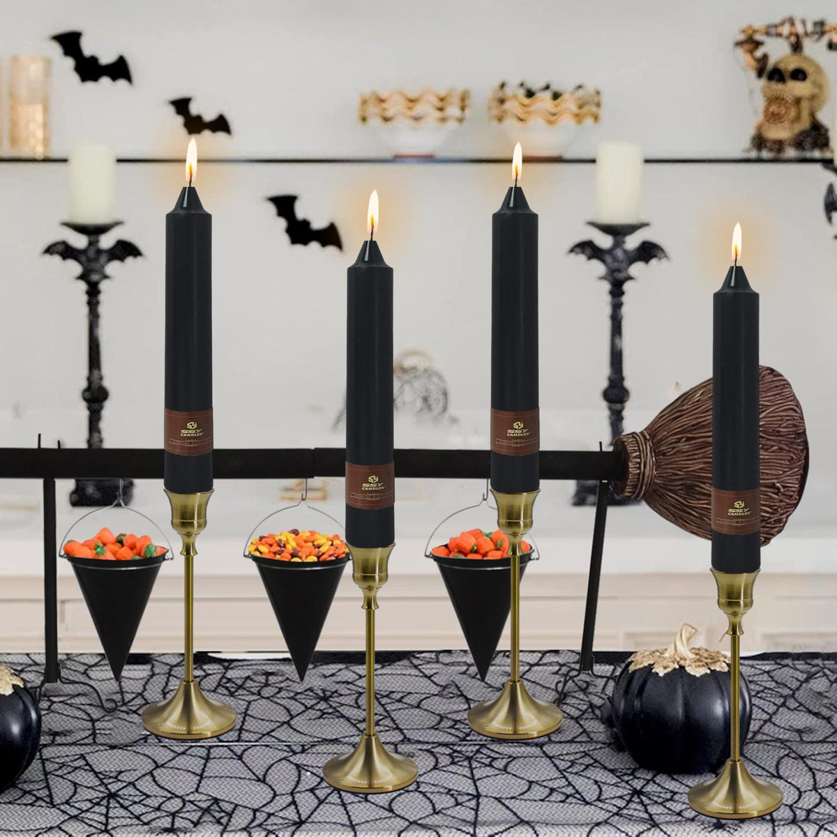 Black Halloween Taper Candles 4 Pack Hand-Poured 9 Inch Unscented Long Tapered Candles for Spooky Decor, Haunted Houses & Gothic Weddings - Clean Burning, Smokeless & Odorless