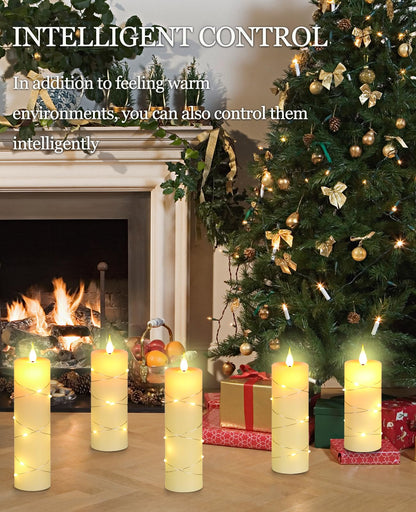 Upinmz Flickering Flameless Candles with Embedded String Lights, Battery Operated Candles with Remote Control and Timer,LED Candles for Home Decoration,Real Wax, 5 Pack Ivory