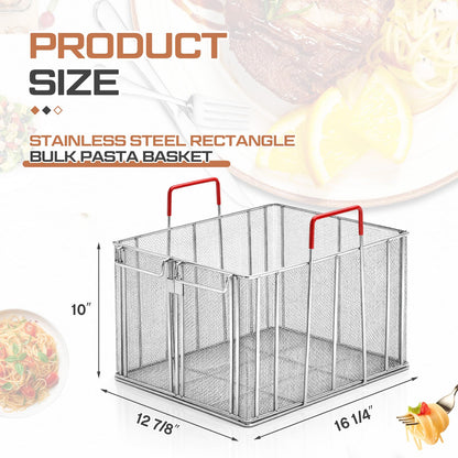 Sawysine Stainless Steel Pasta Basket, 16 Inch Large Rectangle Pasta Boil & Strainer Basket for Kitchen, Commercial Collander with Insulated Red Handle and Drain Hook