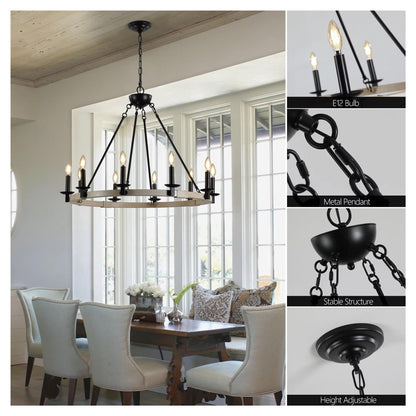 Rustic Farmhouse 10-Light Candle Chandelier, Black Metal and Wood Round Hanging Light Fixture, Adjustable Height,Comfortable Lighting