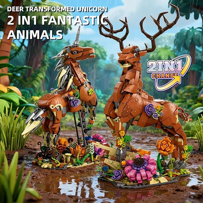 MENTOJOY 2-in-1 Magical Unicorn &amp Deer Building Set - 1367 Pieces Fantasy Animal Model Educational STEM Toy &amp Desktop Decoration Gift for Kids Ages 6+