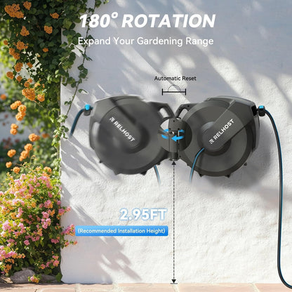 Relhost Retractable Garden Hose Reel, 5/8 in x 100 ft Wall Mount Heavy Duty Hose Reel with Any-Length Lock, Auto Rewind System, 180° Swivel Bracket, and 10-Pattern Nozzle for Garden, Dark Grey