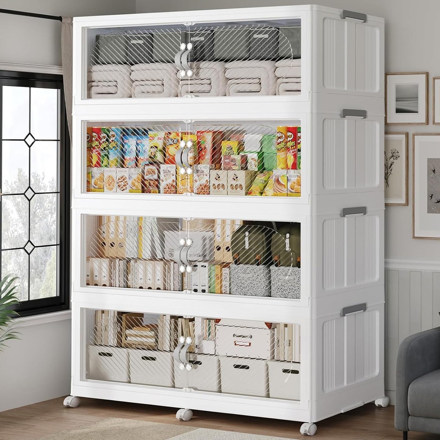 QAVABIN 960QT Extra Large Stackable Storage Bins with Lid, 240Gal Plastic Closet Organizers and Storage Drawer, Collapsible Cabinet Box with Wheels Clear Doors for Home Kitchen Office, 4Pack White