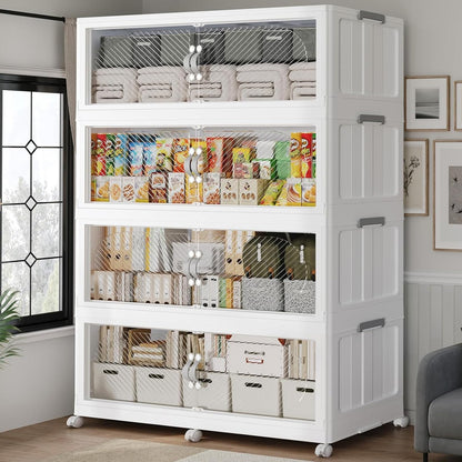 QAVABIN 960QT Extra Large Stackable Storage Bins with Lid, 240Gal Plastic Closet Organizers and Storage Drawer, Collapsible Cabinet Box with Wheels Clear Doors for Home Kitchen Office, 4Pack White