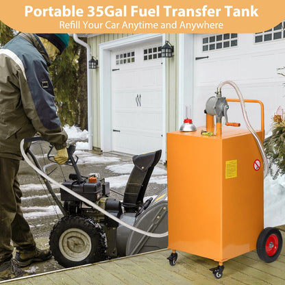 35 Gallon Portable Fuel Caddy with Manual Pump, Heavy Duty Mobile Fuel Transfer Tank On 4 Wheels, Gasoline & Diesel Storage Container for Trucks, Boats, ATVs, Lawn Mowers, Farm Equipment - Orange