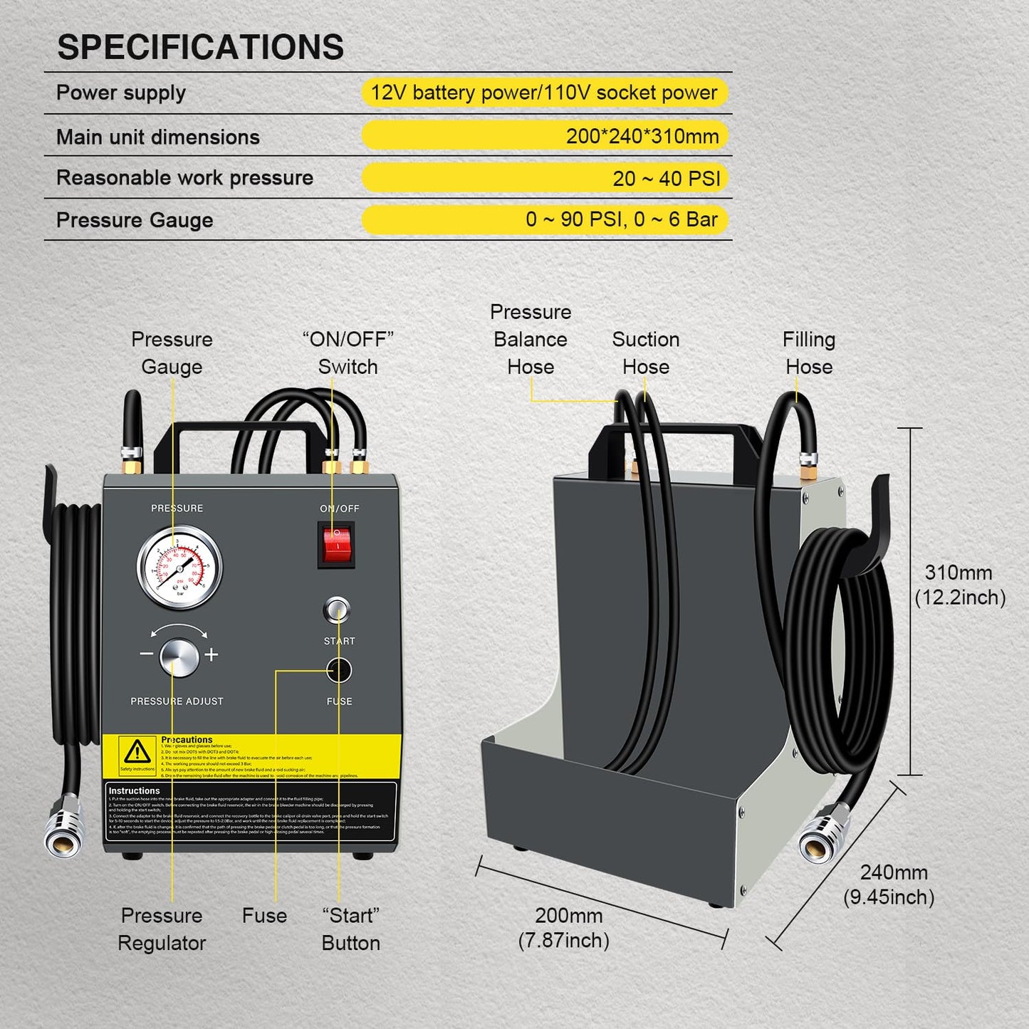 YSTOOL Electric Pulse Brake Bleeder Machine Kit with 110V AC and 12V DC Dual Purpose Clutch Bleeding Unit Master Cylinder Adapter Kit Waste Oil Bottles