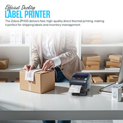 ZP450 Zebra Direct Thermal Label Barcode Printer with USB 2.0 Cable & 3 Prong Cord - USB, Serial and Parallel Connectivity 203 DPI (Renewed)