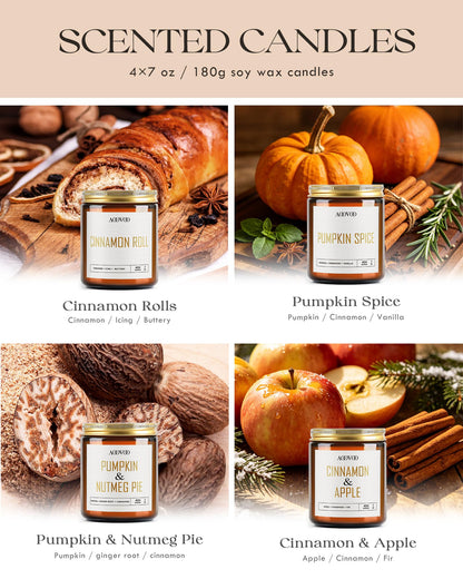 AOOVOO Fall Candles - 4 PC Scented Candle, 28 oz Soy Candles, Soy Candle for Home Scented,Cinnamon Roll/Cinnamon Apple/Pumpkin Nutmeg Pie/Pumpkin Spice