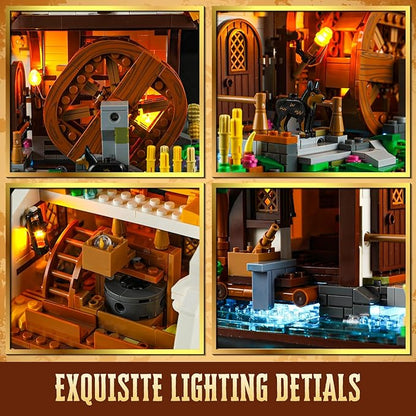 FUNWHOLE Medieval Water-Mill Lighting Building-Bricks Set - Middle Age Milling House Collection LED Light Building Construction Model Sets 1278 Pcs for Adults and Teen