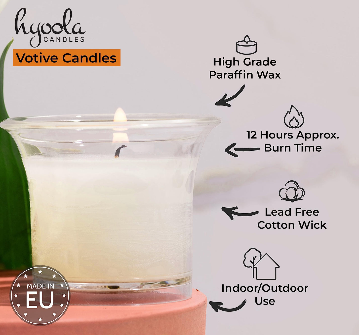 Hyoola Votive Candles - White Votives in Clear Cup - 12 Hour Burn Time Unscented Votive Candles Bulk - Pack of 48 Small Candles in Bulk - Made in Europe