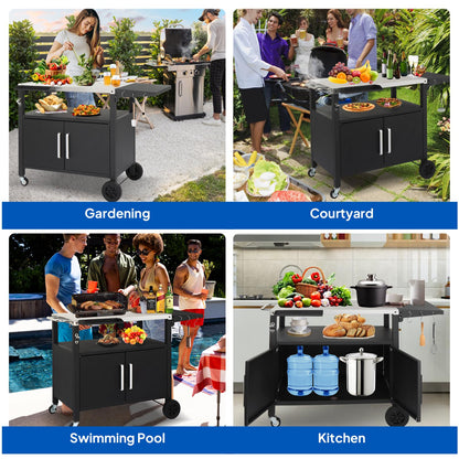 ROVSUN Gourmet Grill Cart with Storage, Movable Grill Table with Wheels, Hooks and Spice Rack, Stainless Steel Top & Storage Cabinet, Pizza Oven Cart for Camping, Tailgating, and Outdoor Cooking