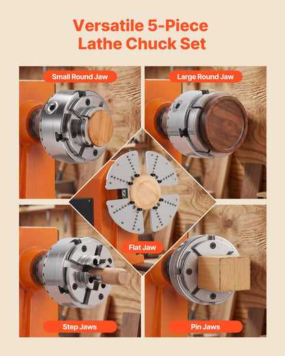 VEVOR 4 Inch Wood Lathe Chuck, 4-Jaw, Self-Centering Wood Turning Chuck Set with 1" x 8TPI Thread & Adapter, 5 PCS Jaws Round/Flat/Step/Pin, Carry Case, Nickel-Plated Finish, for Woodworking Lathe