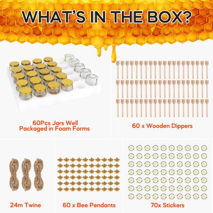 AuroTrends Mini Honey Jars with Dipper 1.5oz 60Pack, Empty Hexagon Honey Jars for Baby Shower Favors/Wedding Favors for Guests Bulk-Mini Glass Jar with Lids/Wooden Dippers (1.5 fl.oz-60Pack)