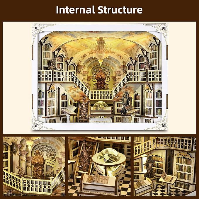 Book Nook Kit DIY DIY Miniature Dollhouse for Adults Beyond Library 3D Wooden Puzzle Bookend Bookshelf Insert Decor with LED Light Gifts for Book Lovers (Library of Gods Max)