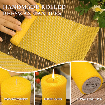 Beeswax Pillar Candles,Hand Rolled Honeycomb Design,3 Sizes,100 Hours Total