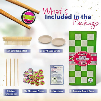 Project Genius: Sushi Checkers - Game &amp Sushi Making Set Folding Bamboo Game Board 24 Checkers &amp Chopsticks Set Adults &amp Kids Ages 8+ 2 Players