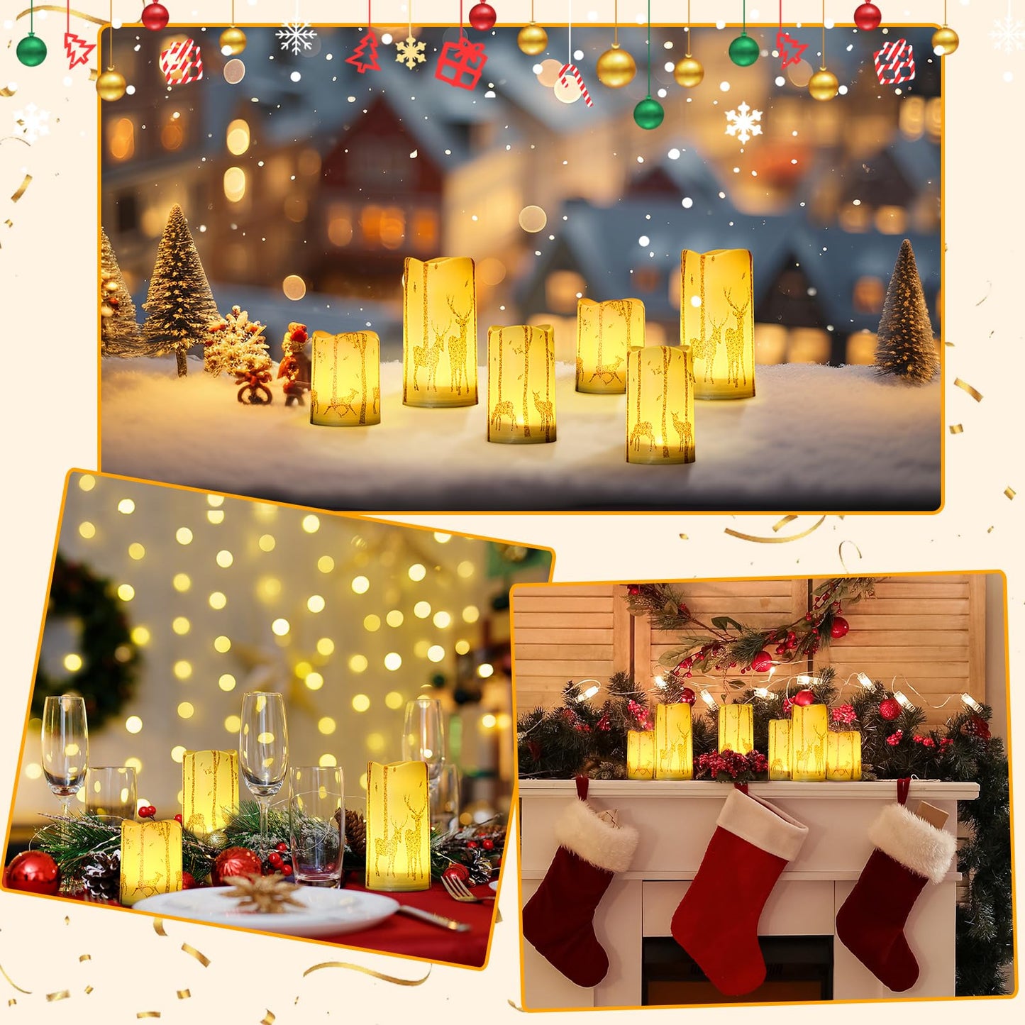VIHOSE Set of 3 Reindeer Christmas Flameless Candles Battery Operated Realistic Flickering LED Pillar Candle Warm Light Gold Deer LED Candles for Christmas Indoor Holiday Decorations
