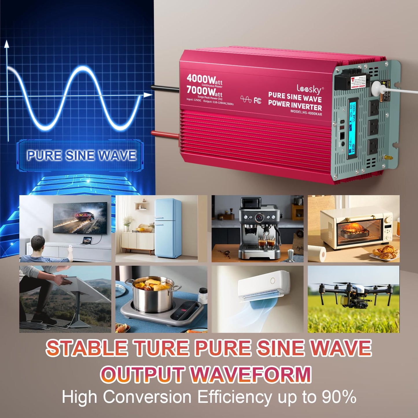 LEESKY 4000 Watt Pure Sine Wave Inverter 12V DC to 110V 120V AC, 7000W Surge Peak for 2 Seconds, Lithium LiFePO4 Battery Compatible Power Inverter for RV, Truck, Off-Grid Solar System, Home Backup