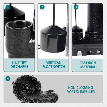 WASSERMANN 1/3HP 2800GPH Cast Iron Submersible Sump Pump with Automatic Vertical Float Switch,1-1/2"NPT Discharge Heavy Duty Sump Pump with 10FT Cord for Basement, Sump Basin, Flooded Area