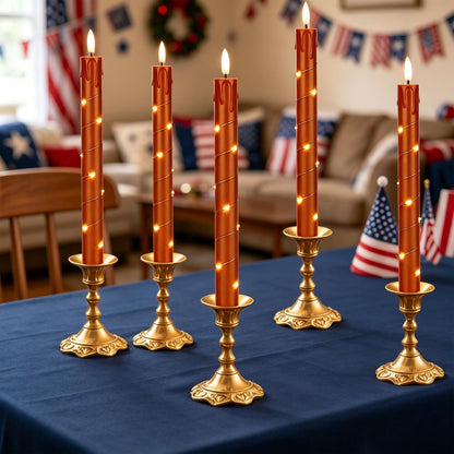 Patriotic Flameless Taper Candles with Remote for 250th Anniversary Decorations，3D Flickering Flame LED Candles Arounded with Starlight String for 4th of July Decoration, Pack of 6, Reddish Brown