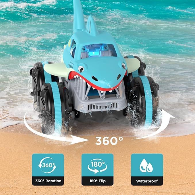 MaxTronic Remote Control Car Amphibious 2.4 GHz 4WD 1:14 Scale All-Terrain Waterproof Remote Control Monster Truck RC Boat Shark Car Toys for 3-12 Years Old Boys Girls