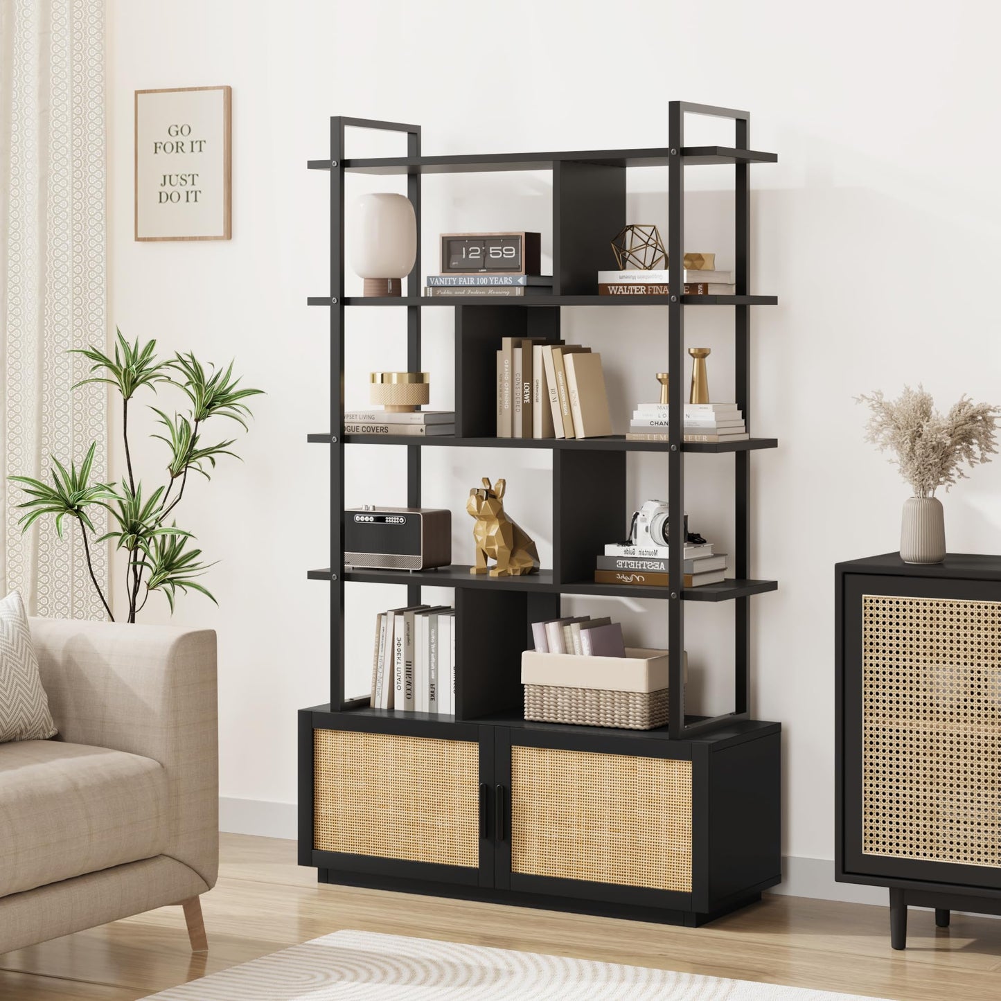 CABIHOME 5 Tier Rattan Bookshelf with Storage Cabinet & Door, 71.1 Inch Tall Industrial Book Shelf with Open Display Shelves, 5 Shelf Bookcase with Metal Frame for Living Room, Bedroom (Black)