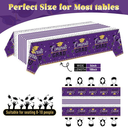 Graduation Tablecloth Party Decorations, 3 Pack Class of 2026 Congrats Grad Purple Graduation Party Tablecover Rectangle Plastic Table Cloth Disposable Table Covers Party Supplies, Large Size 54"x108"