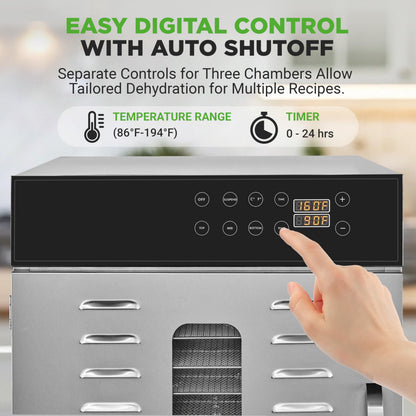 NutriChef 30 Layer & 3 Chamber Commercial Food Dehydrator Machine - Stainless Steel Trays, Digital Timer and Temperature Control, Ideal for Jerky Meat, Fruit, Pet Treats, Vegetables, and Herbs
