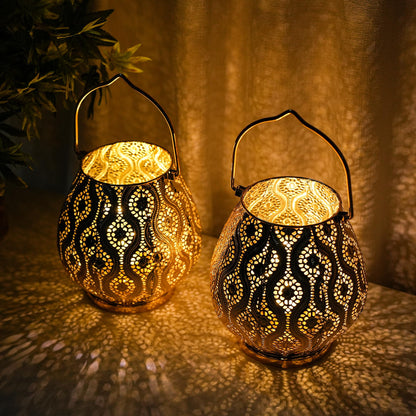 TRIROCKS Set of 2 Moroccan Decorative Lamps 8'' High Cordless Lamp Metal Table Lamps with Fairy Lights Bulb for Home Living Room Garden Yard Party Events Tabletop Indoor Outdoor(Gold)