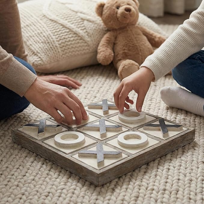 JEVERGN 12.6 Large Wooden Tic Tac Toe Game Rustic Coffee Table Game Wood Farmhouse Tic Tac Toe Board Game Decor Family Games for Adult &amp Kids Washed Brown
