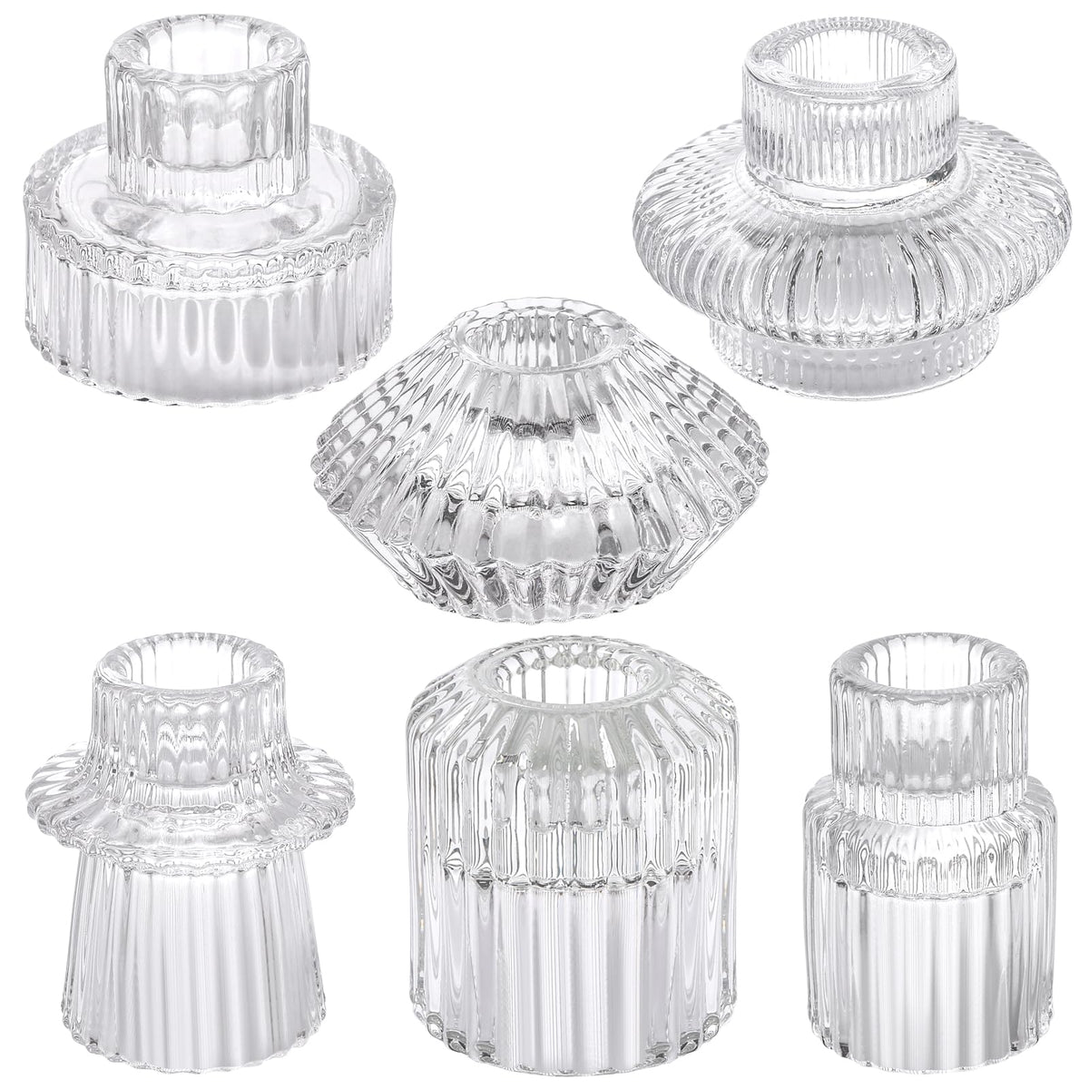 6PCS Taper Candle Holders Clear Glass Candlestick Holders Ribbed Glass Taper Candle Holders for Christmas Events Party Wedding Reception Table Centerpiece Decorations