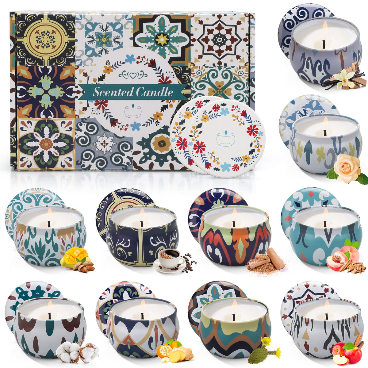 Scented Candles Gift Set, 10 Pack Candles for Home Scented, 250 Hour Long Lasting Soy Candle with Two Coasters, Gifts for Women, Aromatherapy Candle for Stress Relief, Relaxation, Bath, Yoga