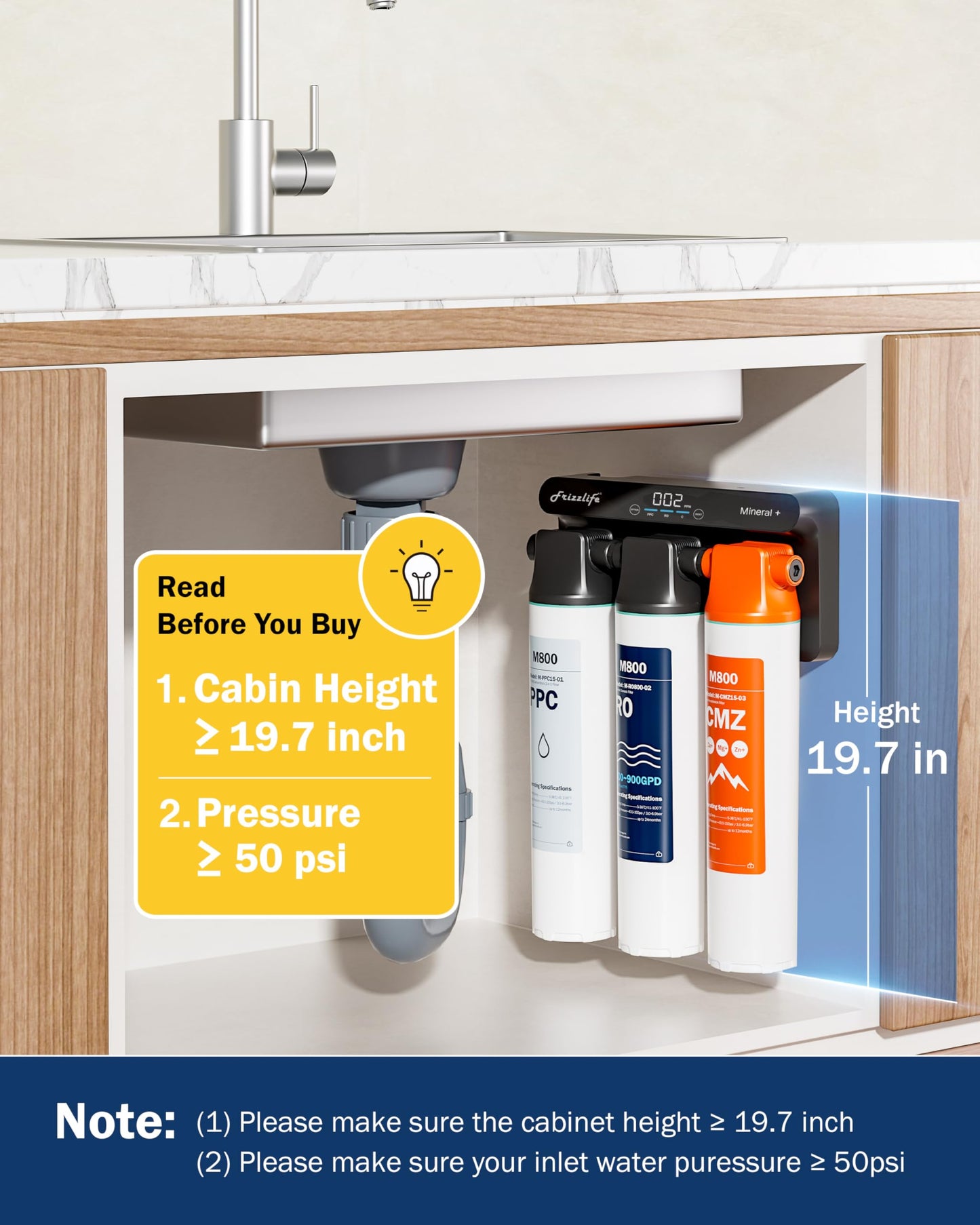Frizzlife M800 Non-Electric Tankless Reverse Osmosis Water Filter, up to 900GPD Alkaline Mineralized RO Water Filtration System, Huge Filter with Auto Flush, NSF/ANSI 58&372, 4:1 Pure to Drain