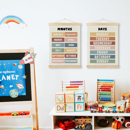 BCUANGD Classroom Wall Decor - Days of the Week Months of the Year Poster Hanger with Wood Frames Set of 2, Neutral Classroom Wall Hanging Canvas Decor for Kids Room Nursery Playroom, 12x16 Inches