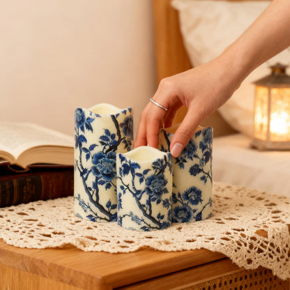 NjaoHoo Flameless Candles 4" 5" 6" Set of 3 Indoor Outdoor Pillars Battery Operated Flickering Candles Include 10-Key Remote Timer Function 500+ Hours (Blue Floral Printed)