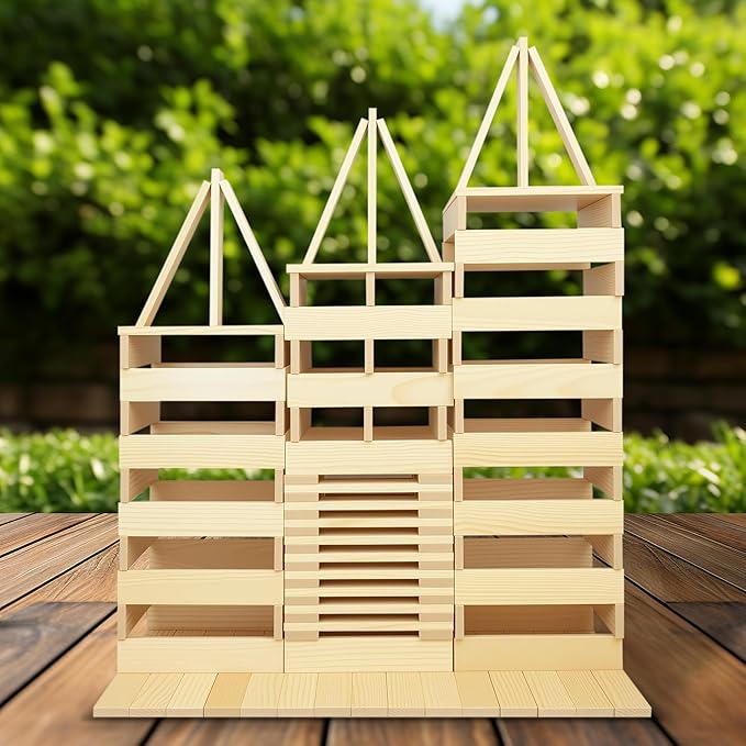 Jumbo 42 Pcs Medium Wooden Building Blocks for KidsNatural Pine Construction Toy - 9.8 in Large Building Planks for Fast &amp Satisfying STEM Play Sensory Motor Skills Family Game Night (20lbs)