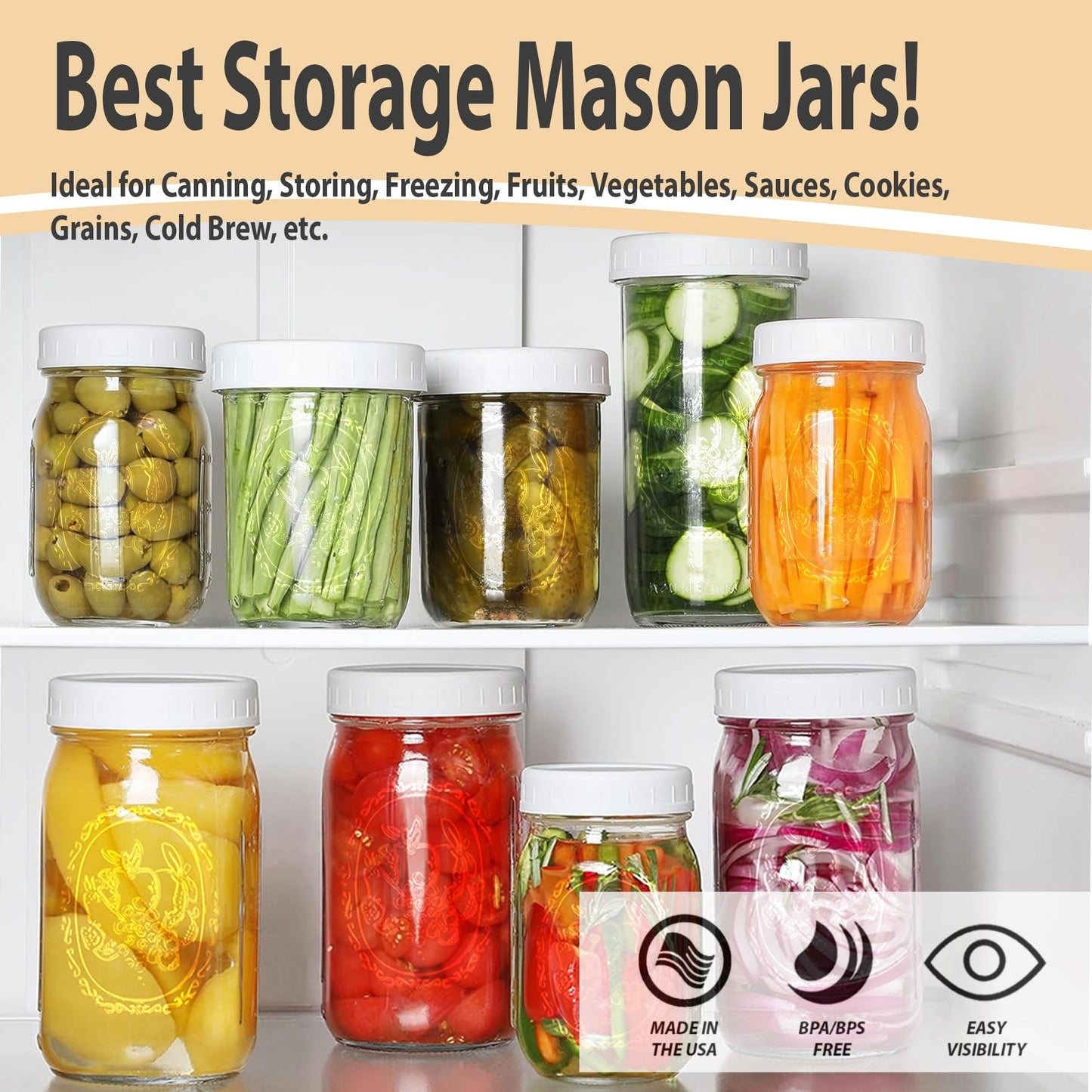 Wide Mouth Mason Jars 16 oz - (2 Pack) - Wide Mouth 16-Ounces Pint Mason Jars with White M.E.M Food Storage Plastic Lids - For Storage, Canning, Freezing, Leak Proof, Microwave & Diswasher Safe