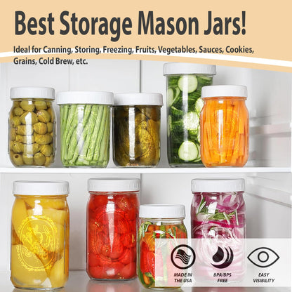 Wide Mouth Mason Jars 16 oz - (2 Pack) - Wide Mouth 16-Ounces Pint Mason Jars with White M.E.M Food Storage Plastic Lids - For Storage, Canning, Freezing, Leak Proof, Microwave & Diswasher Safe