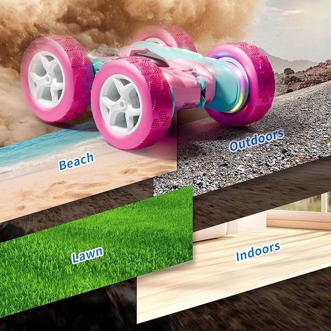 RC Car Pink 4WD Remote Control Car 360° Flip Double‑Sided LED Light Bar &amp Quick‑Swap USB‑C Modular Battery 2.4 GHz No‑Interference Popular Outdoor Beach Toy Popular Gift for Girls Ages 6‑12