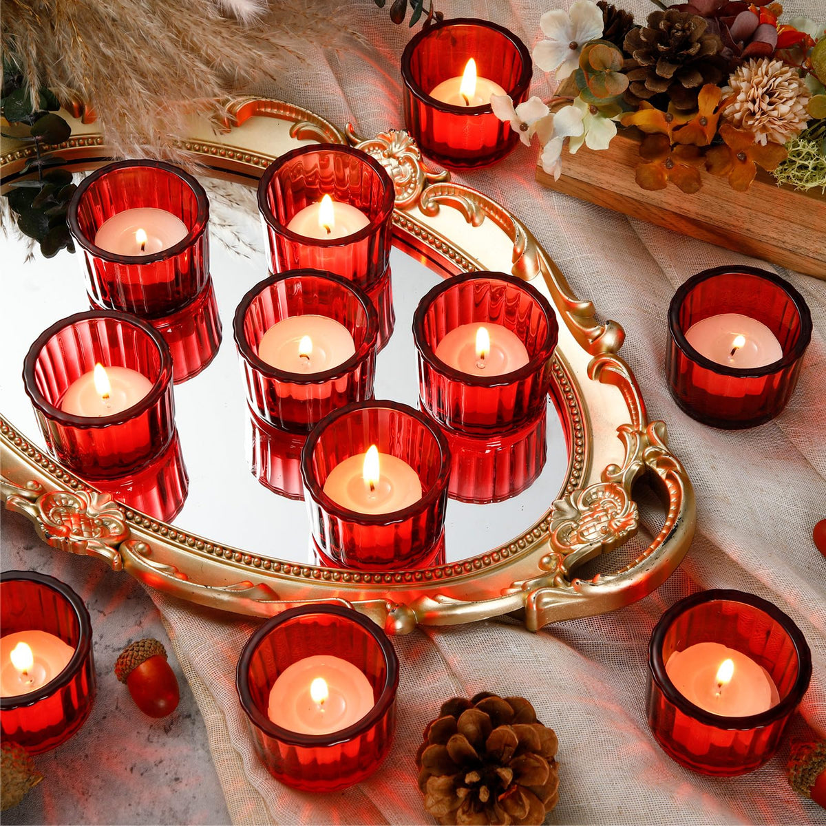 Mumufy 50 Pcs Glass Tealight Candle Holder Ribbed Votive Candle Holder for Centerpiece Wedding Proposal Spa Aromatherapy Meditation Home Decor (Red)