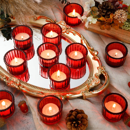 Mumufy 50 Pcs Glass Tealight Candle Holder Ribbed Votive Candle Holder for Centerpiece Wedding Proposal Spa Aromatherapy Meditation Home Decor (Red)