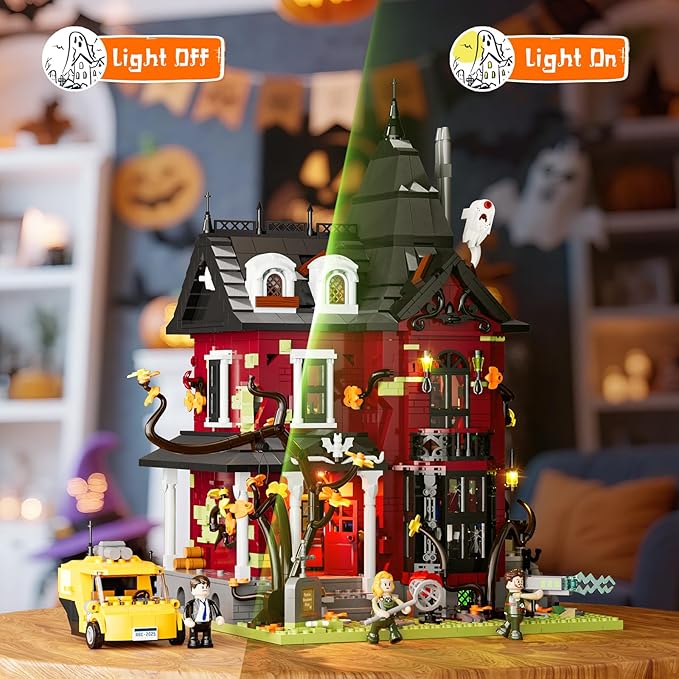 Halloween Midnight Haunted Mansion Lighting Building Bricks Set - Ghost Specter Phantom House City Town Modular Collection Kit 2617 Pcs for Adults &amp Teens