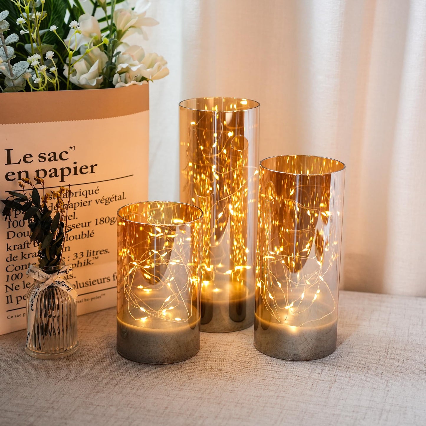 JHY DESIGN Set of 3 Glass Wax Flameless Candles Flickering Candles 6/8/10" H Glass Decorative Lights with Fairy String Lights Battery Powered for Home Party Wedding Indoor Outdoor (Champagne Plated)