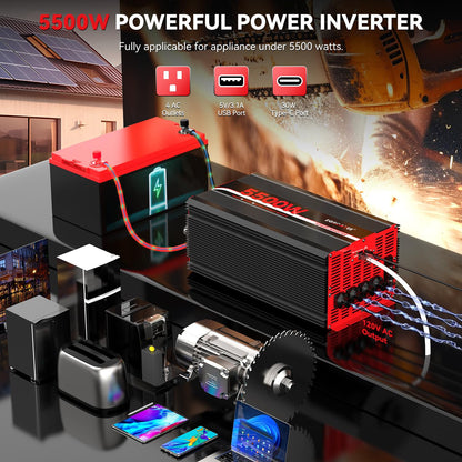 5500W Power Inverter 12V DC to 120V AC, 11000W Peak Off-Grid Solar Converter for 12V Battery Bank, RV, Truck & Home Backup Power System, 4 AC Outlets, USB & Type-C Port, LCD Remote Controller