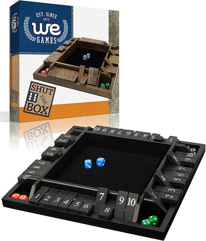 WE Games Wooden Shut The Box Game 4 Player - 10 Number Tiles &amp 8 Dice - Large 14-Inch Black Stained Wood Finish