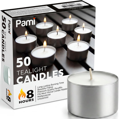 PAMI Premium Long-Lasting with 8 Hours Burning Time Unscented Round Tealight Candles [50-Pack] - Paraffin Tealights with Beautiful Flame- Perfect for Votive Candle Holders