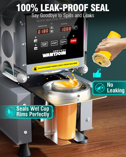 WantJoin Cup Sealer Machine - Full Automatic Cup Sealing Machine Electric Boba Sealing Machine Seals 500-600 Cups/H Digital Control Panel Cup Sealer for Bubble Milk Tea Coffee Shop,20''H 90/95mm